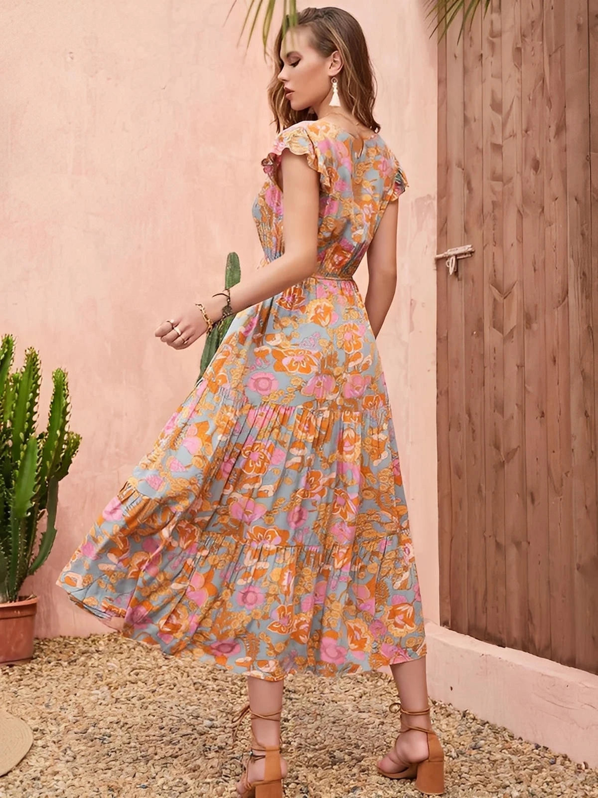 Ruffled Printed V-Neck Cap Sleeve Tiered Dress