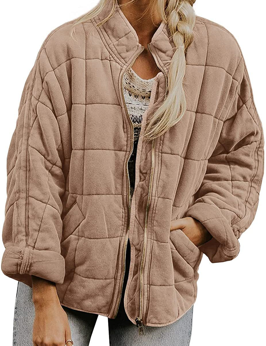Plaid Stand-Collar Zip-Up Winter Coat for Women Khaki Coat
