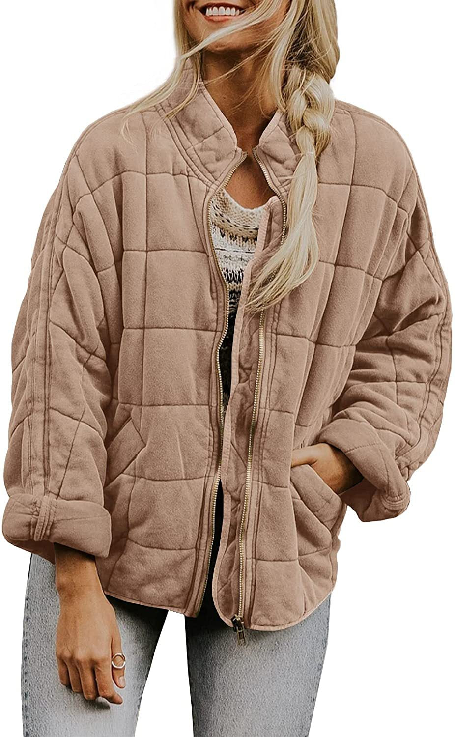 Plaid Stand-Collar Zip-Up Winter Coat for Women Khaki Coat