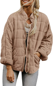 Plaid Stand-Collar Zip-Up Winter Coat for Women Khaki Coat