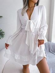 Summer Dresses Solid Color V-neck Long Sleeve Dress For Women Sexy V-neck Lace Up A-line Dress Women's Beach Dress White