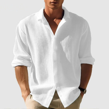 Men's Lapel Long Sleeve Shirt - Solid, Single Breasted for Fall & Spring White Men T-Shirts