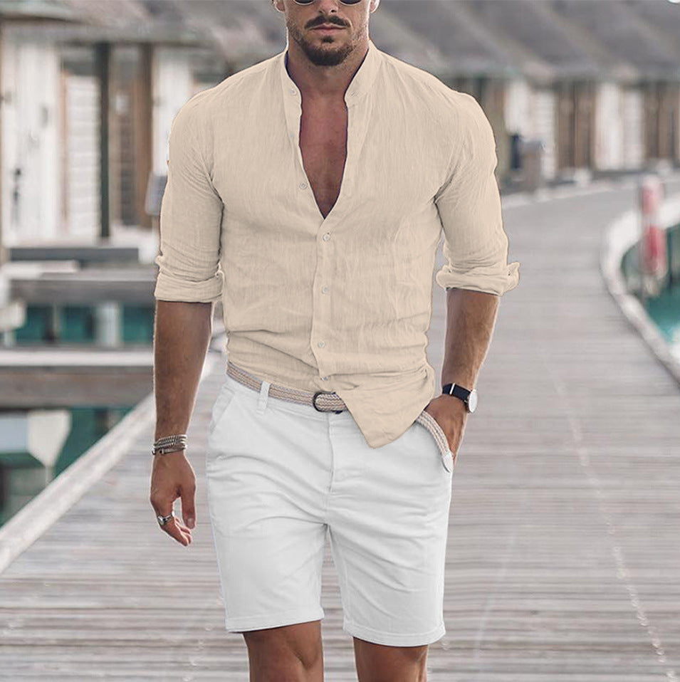 Men's Long Sleeve Solid Color Casual Shirt LTMC Shallow khaki Shirts