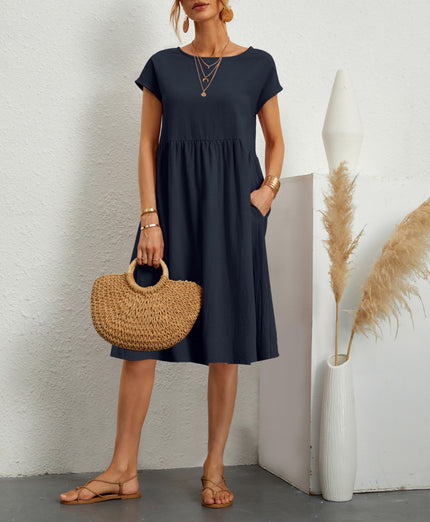 Women’s A‑Line Short‑Sleeve Dress with Pockets Navy Blue Dresses