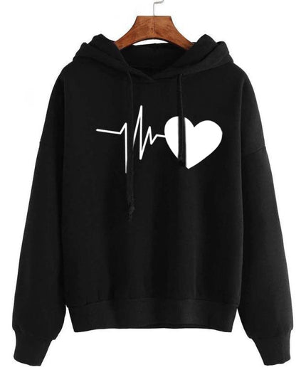 Heart-Print Streetwear Hoodie Black Hoodie