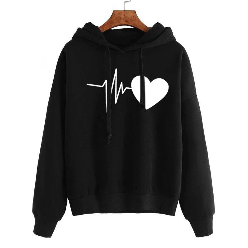 Heart-Print Streetwear Hoodie Black Hoodie