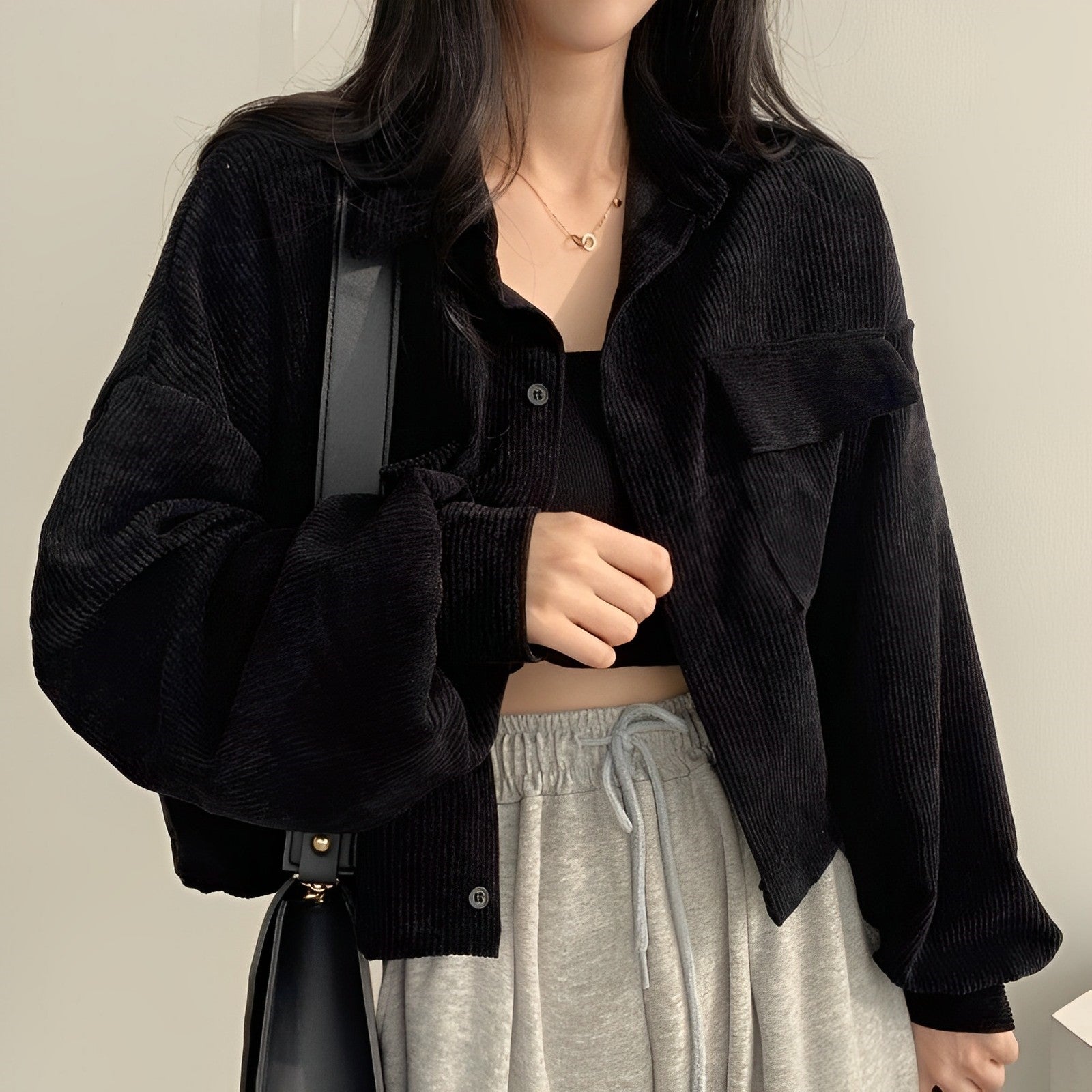 Corduroy Drawstring Short Jacket Black Short Jacket