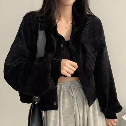 Corduroy Drawstring Short Jacket Black Short Jacket