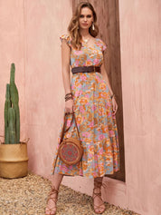 Ruffled Printed V-Neck Cap Sleeve Tiered Dress
