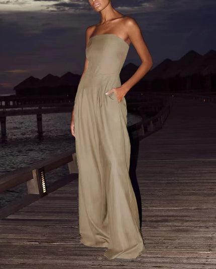 Backless Tube Top Wide-Leg Jumpsuit Khaki Jumpsuits