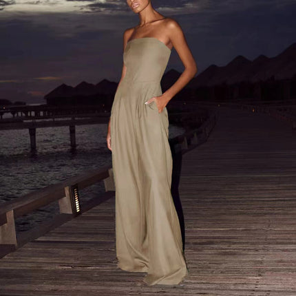 Backless Tube Top Wide-Leg Jumpsuit Khaki Jumpsuits