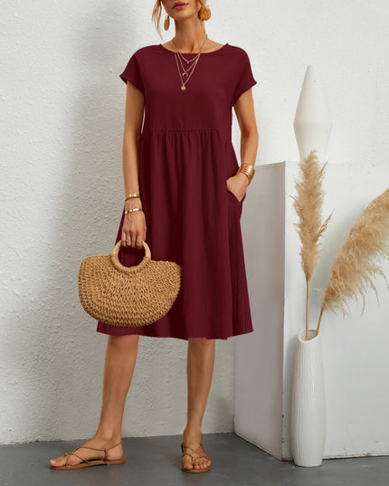 Women’s A‑Line Short‑Sleeve Dress with Pockets Wine Red Dresses