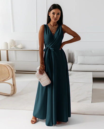 Women's V-Neck Sleeveless Belted Maxi Dress Dark Green Dress