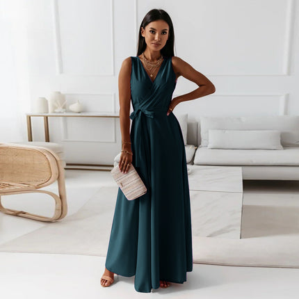 Women's V-Neck Sleeveless Belted Maxi Dress Dark Green Dress