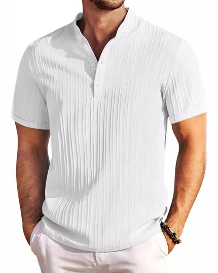 Men's Summer Stand Collar Button Short Sleeve Polo Shirt – Solid Color Striped Casual Beachwear White Polo Shirts