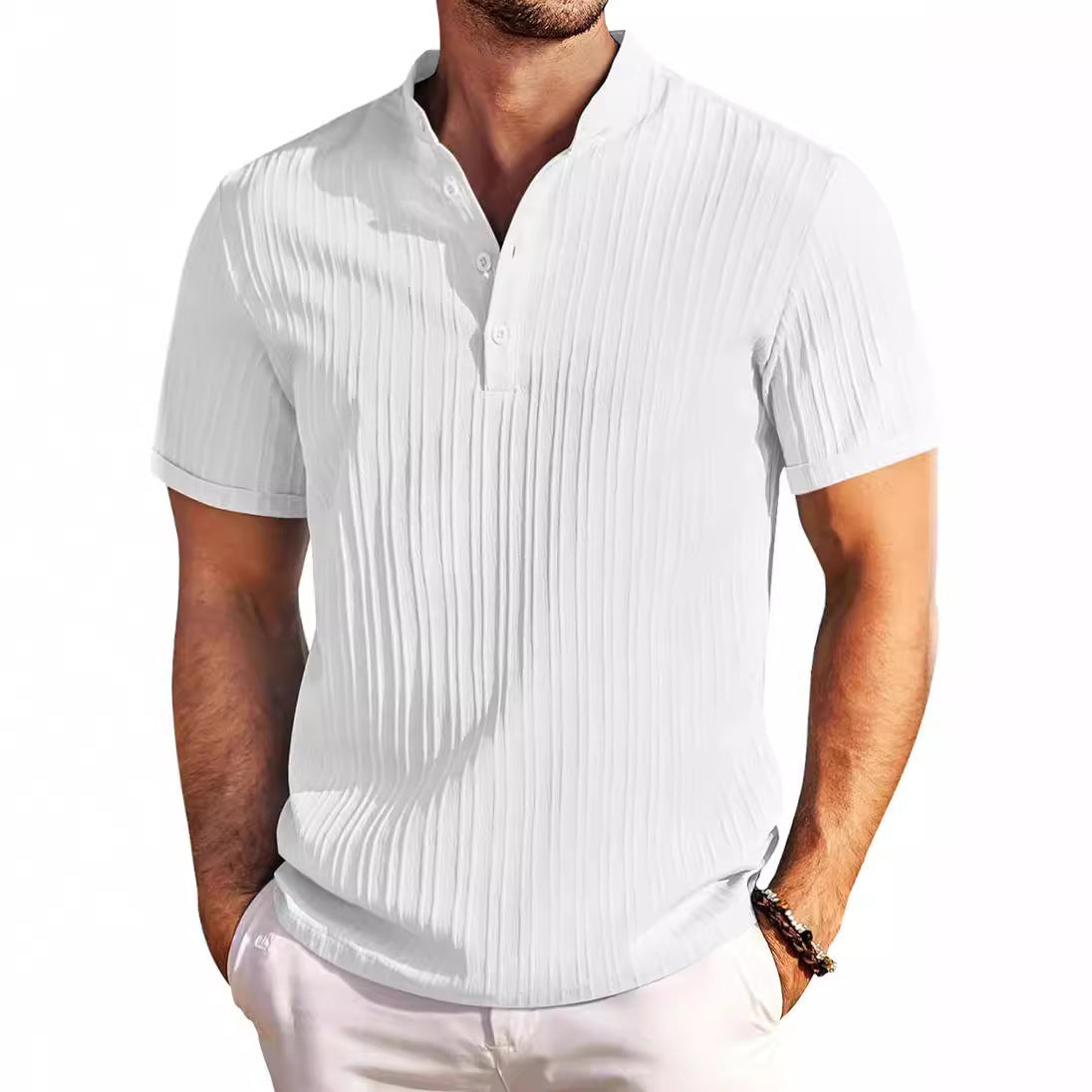 Men’s Summer Stand‑Collar Short‑Sleeve Polo White T-Shirts