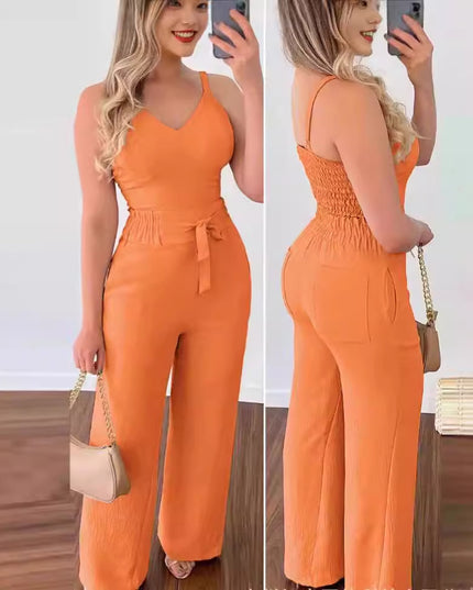 Women's Two-Piece Sleeveless V-Neck Vest & High-Waist Wide-Leg Pants Set Sets