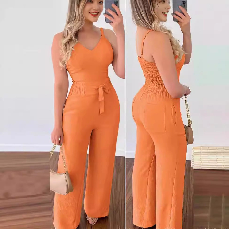 Women's Two-Piece Sleeveless V-Neck Vest & High-Waist Wide-Leg Pants Set Sets