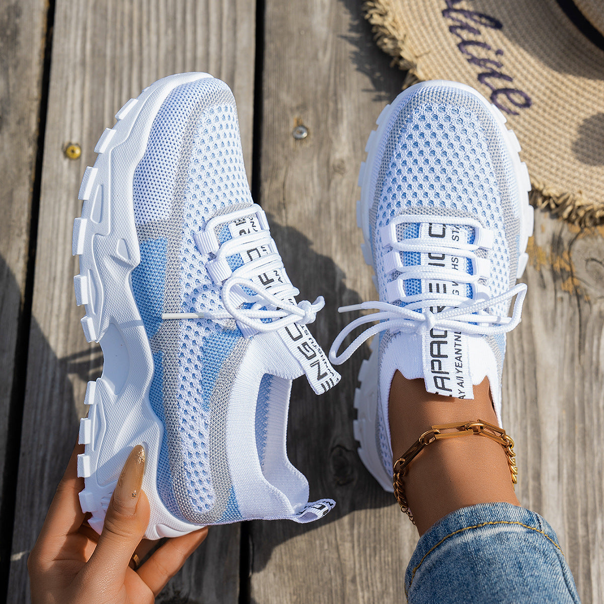 Women’s Flyknit Mesh Lace-Up Sneakers White Blue Gray Sneakers