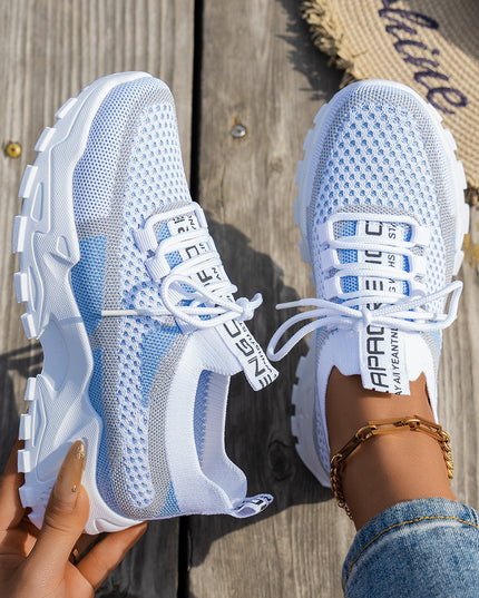 Women’s Flyknit Mesh Lace-Up Sneakers White Blue Gray Sneakers
