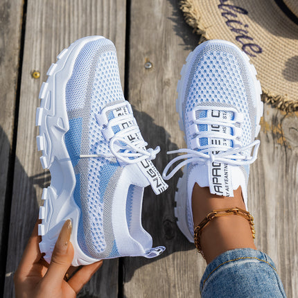Women’s Flyknit Mesh Lace-Up Sneakers White Blue Gray Sneakers