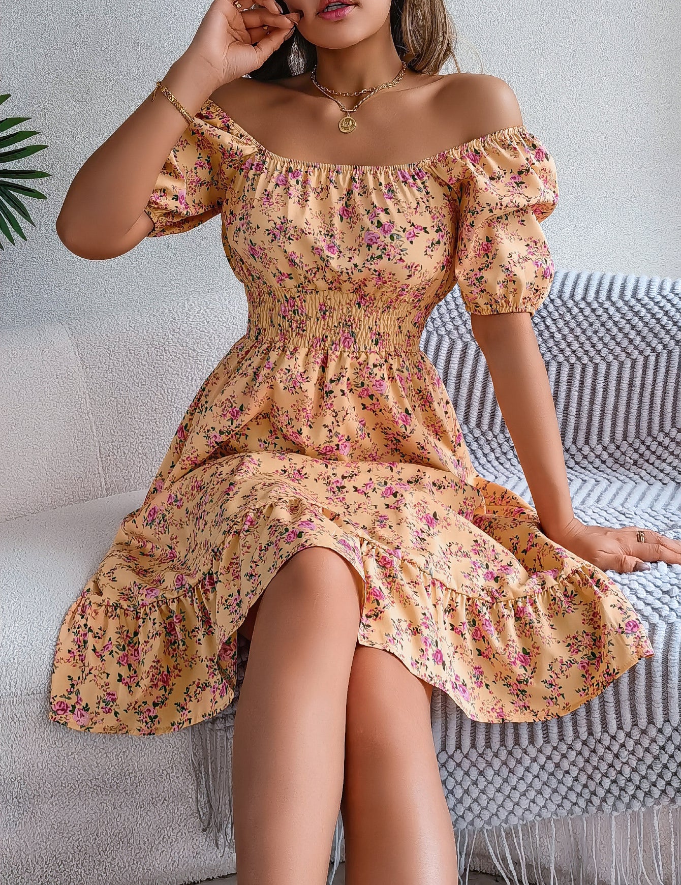 Floral Print Square Neck Dress Yellow Dresses