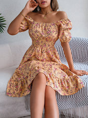 Floral Print Square Neck Dress Yellow Dresses