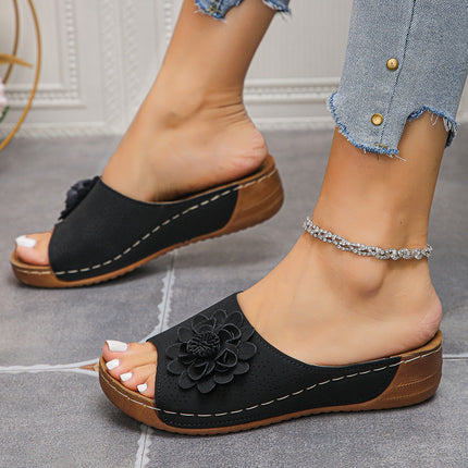 Women's Flower Wedge Sandals Black Sandals