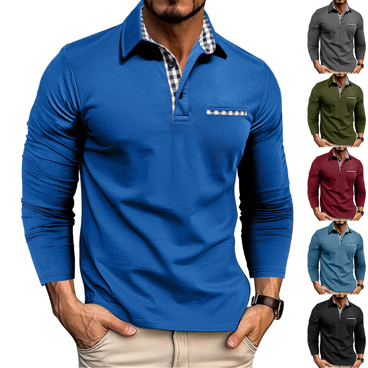 Casual Plaid Splicing Lapel Polo Shirt - Stylish Men's Long Sleeve Top Men T-Shirts