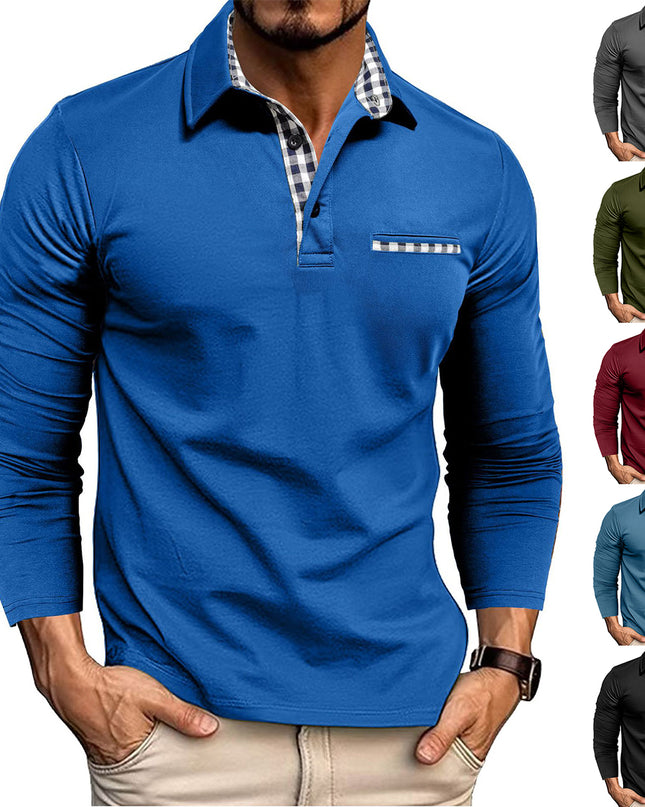 Casual Plaid Splicing Lapel Polo Shirt Fashion Solid Color Long Sleeve Top Men's Clothing
