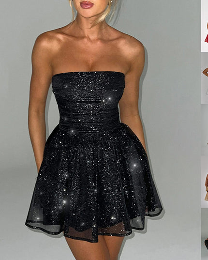 Tube Top Lace Dress with Back Bow Knot – Mesh-Trimmed Summer Mini Dress Dresses