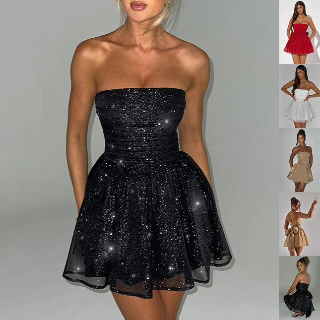 Tube Top Lace Dress with Back Bow Knot – Mesh-Trimmed Summer Mini Dress Dresses