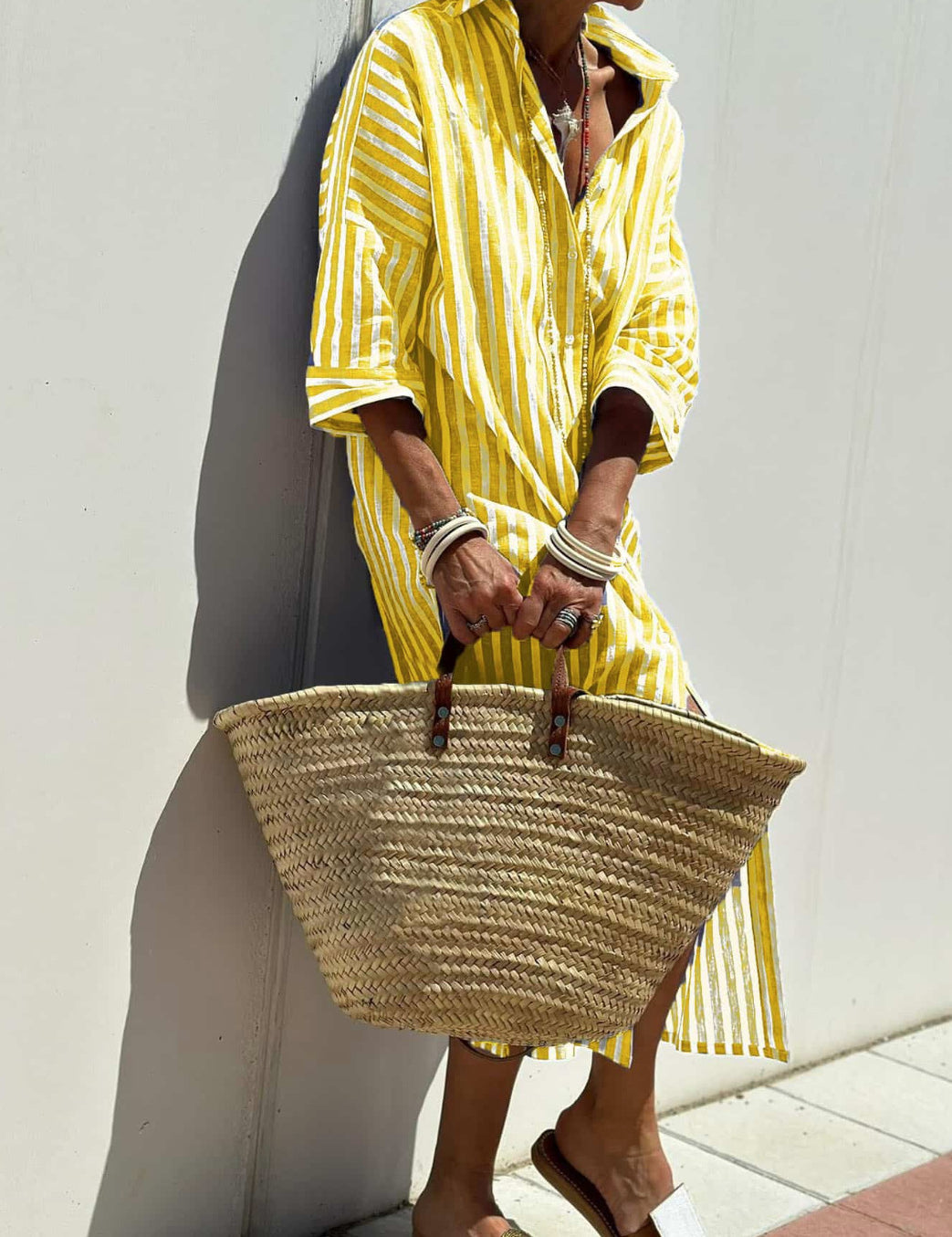 Striped Shirt Dress With Belt Yellow Dresses