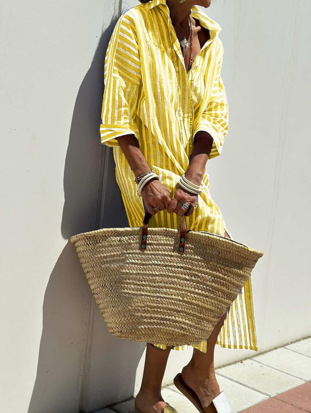 Striped Shirt Dress With Belt Yellow Dresses