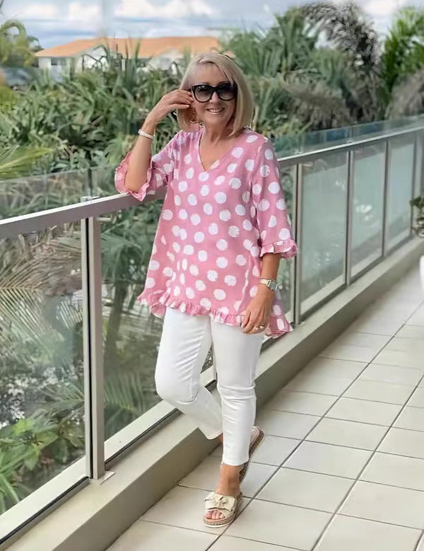Noor | Casual Chic Printed Vintage Top Candy Pink Women Tops