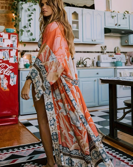 Elegant Long Floral Kimono Robe for Women Blood Orange One Size Fits All Dresses