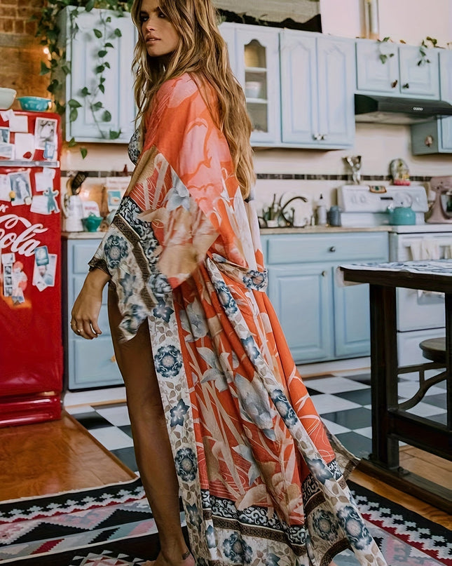 Elegant Long Floral Kimono Robe for Women Blood Orange One Size Fits All Dresses