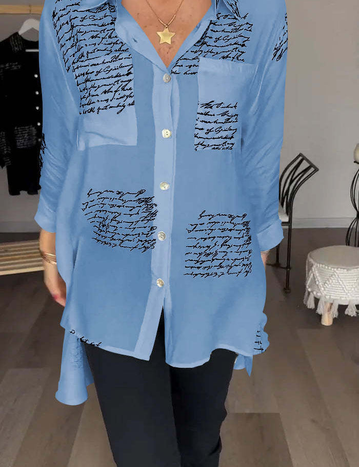 Lina | Letter Print Fashion Lapel Shirt Light Blue Shirts & Tops