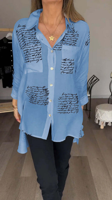 Lina | Letter Print Fashion Lapel Shirt Light Blue Shirts & Tops