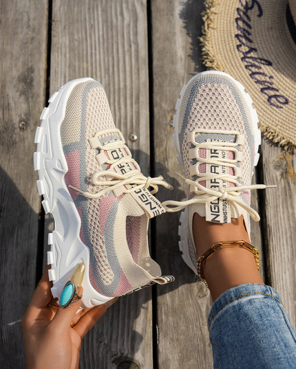Women’s Flyknit Mesh Lace-Up Sneakers Card Pink Blue Sneakers