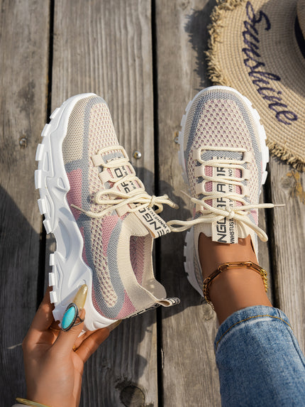 Women’s Flyknit Mesh Lace-Up Sneakers Card Pink Blue Sneakers