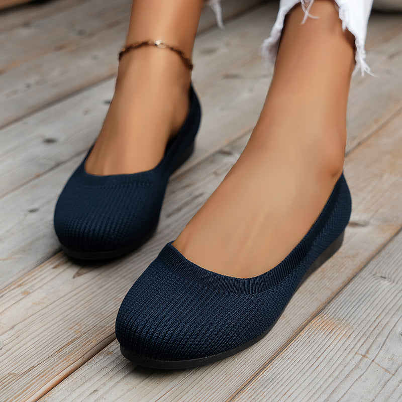 Women's Round Toe Knit Mesh Slip-On Flats Dark Blue Sandals