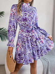 Floral Print Waist-Controlled A-Line Dress for Women - Long Sleeve Spring Purple Women's Clothing