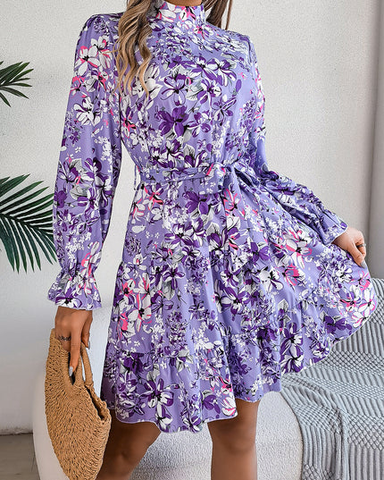 Floral Print Waist-Controlled A-Line Dress for Women - Long Sleeve Spring Purple Women's Clothing