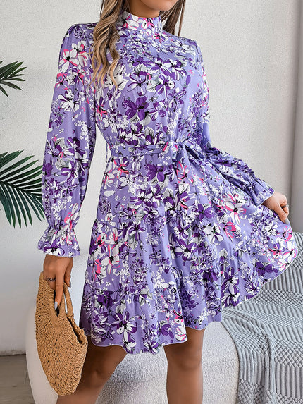 Floral Print Waist-Controlled A-Line Dress for Women - Long Sleeve Spring Purple Women's Clothing