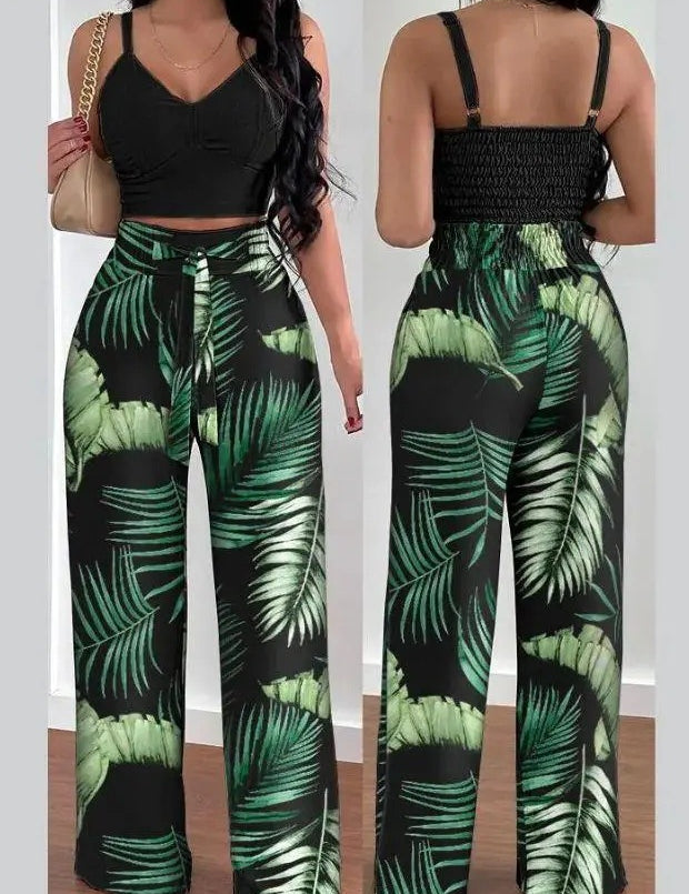 Women's Two-Piece Sleeveless V-Neck Vest & High-Waist Wide-Leg Pants Set Green Sets