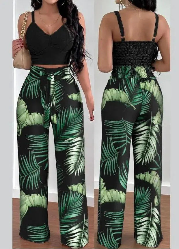 Women's Two-Piece Sleeveless V-Neck Vest & High-Waist Wide-Leg Pants Set Green Sets