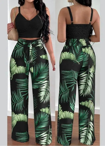 Women's Two-Piece Sleeveless V-Neck Vest & High-Waist Wide-Leg Pants Set Green Sets