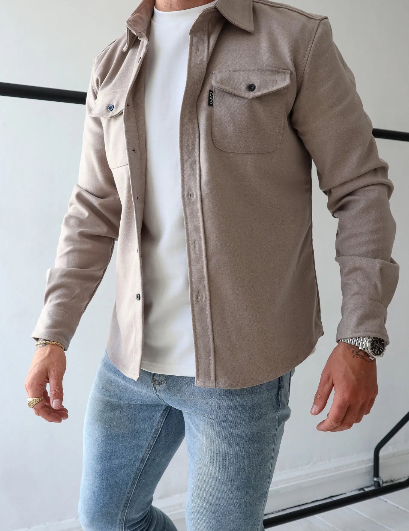 Men's Casual Button-Up Shirt Jacket with Front Pockets Abrikoos Men Shirts