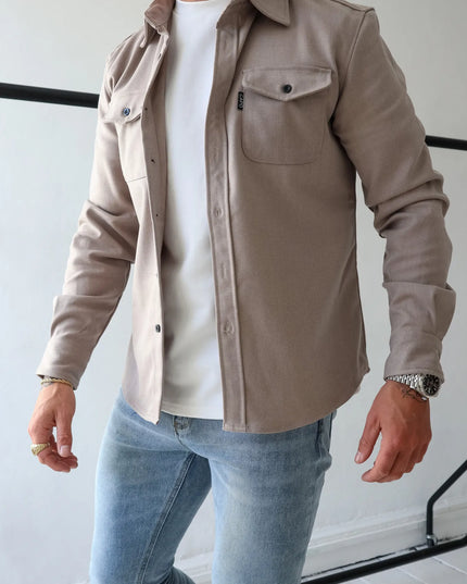 Men's Casual Button-Up Shirt Jacket with Front Pockets Abrikoos Men Shirts
